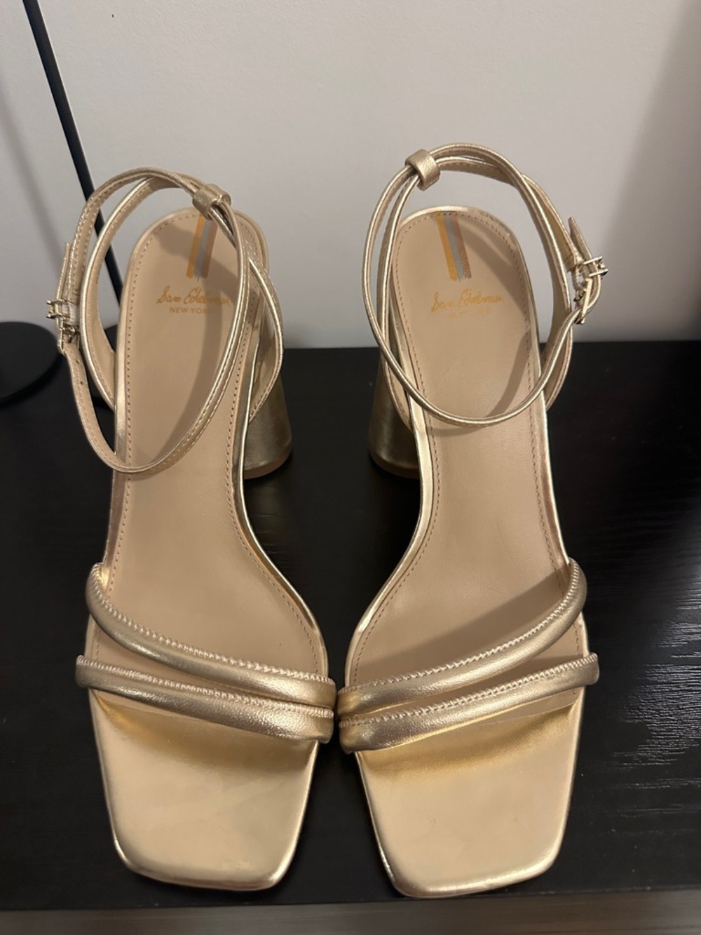 Sam Edelman Kia Metallic Gold Leaf Leather Ankle-Strap Block Heel Sandals - Picture 5 of 14